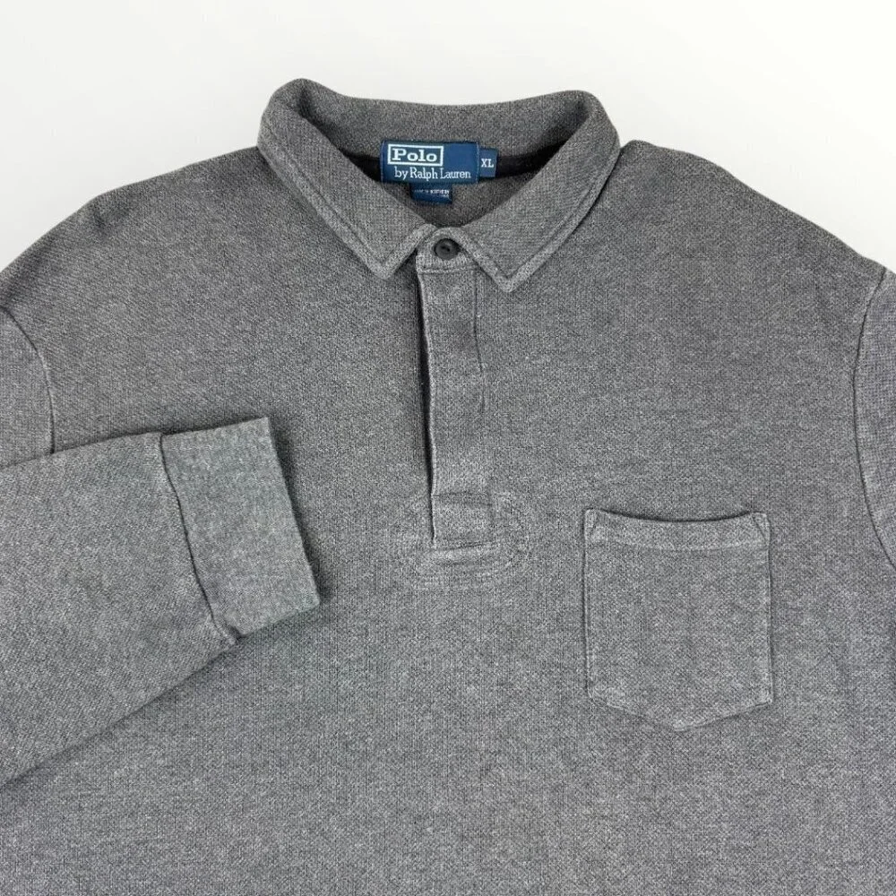 Vintage Polo by RALPH LAUREN Mens Thermal Polo Sweater Gray Long Sleeve Preppy